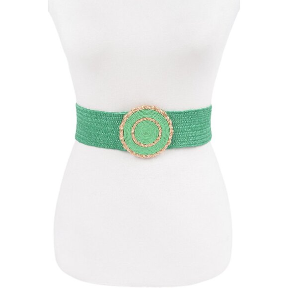 BNWT  Raffia Gold Trim Buckle Faux Straw Elastic Fashion Belt - Green - Picture 1 of 6